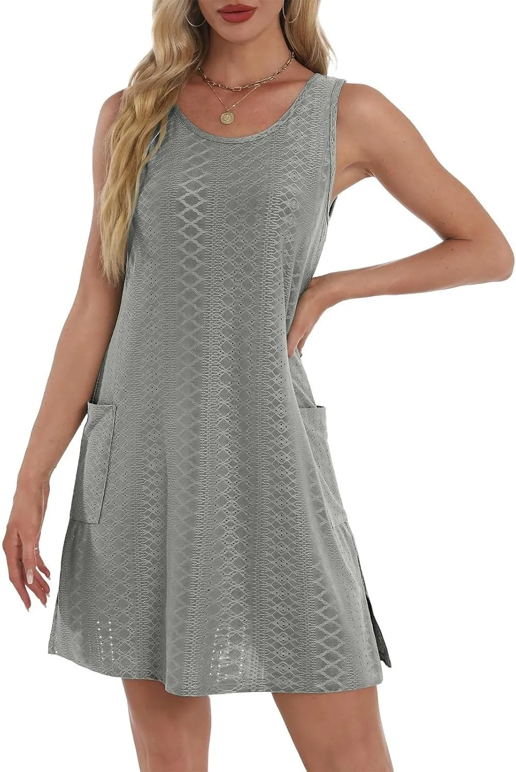 Coverup Summer Dresses for Women 2025 Eyelet Solid Color Casual Loose Sleeveless Sundresses Tank Dresses with Pocket