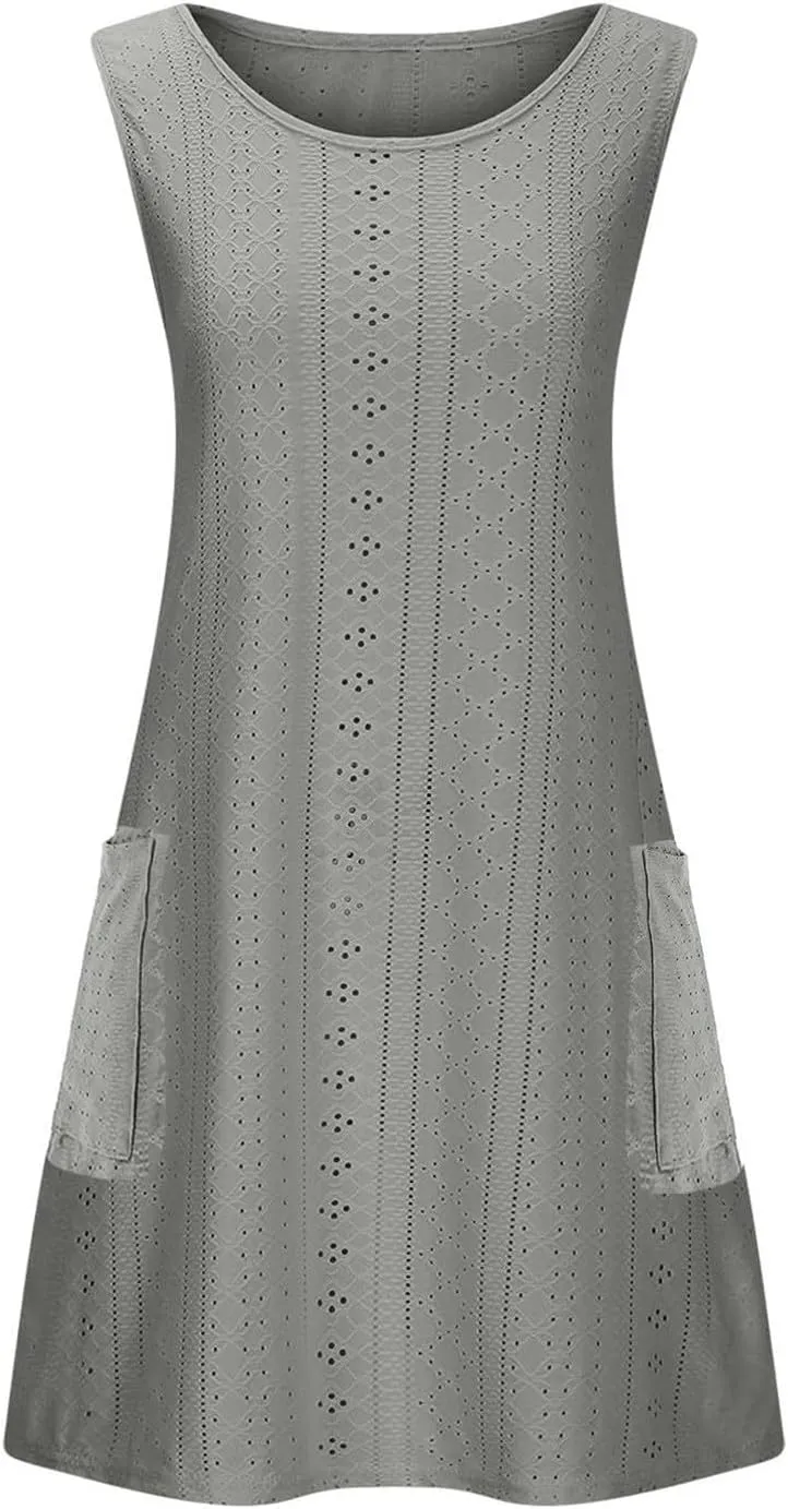 Coverup Summer Dresses for Women 2025 Eyelet Solid Color Casual Loose Sleeveless Sundresses Tank Dresses with Pocket