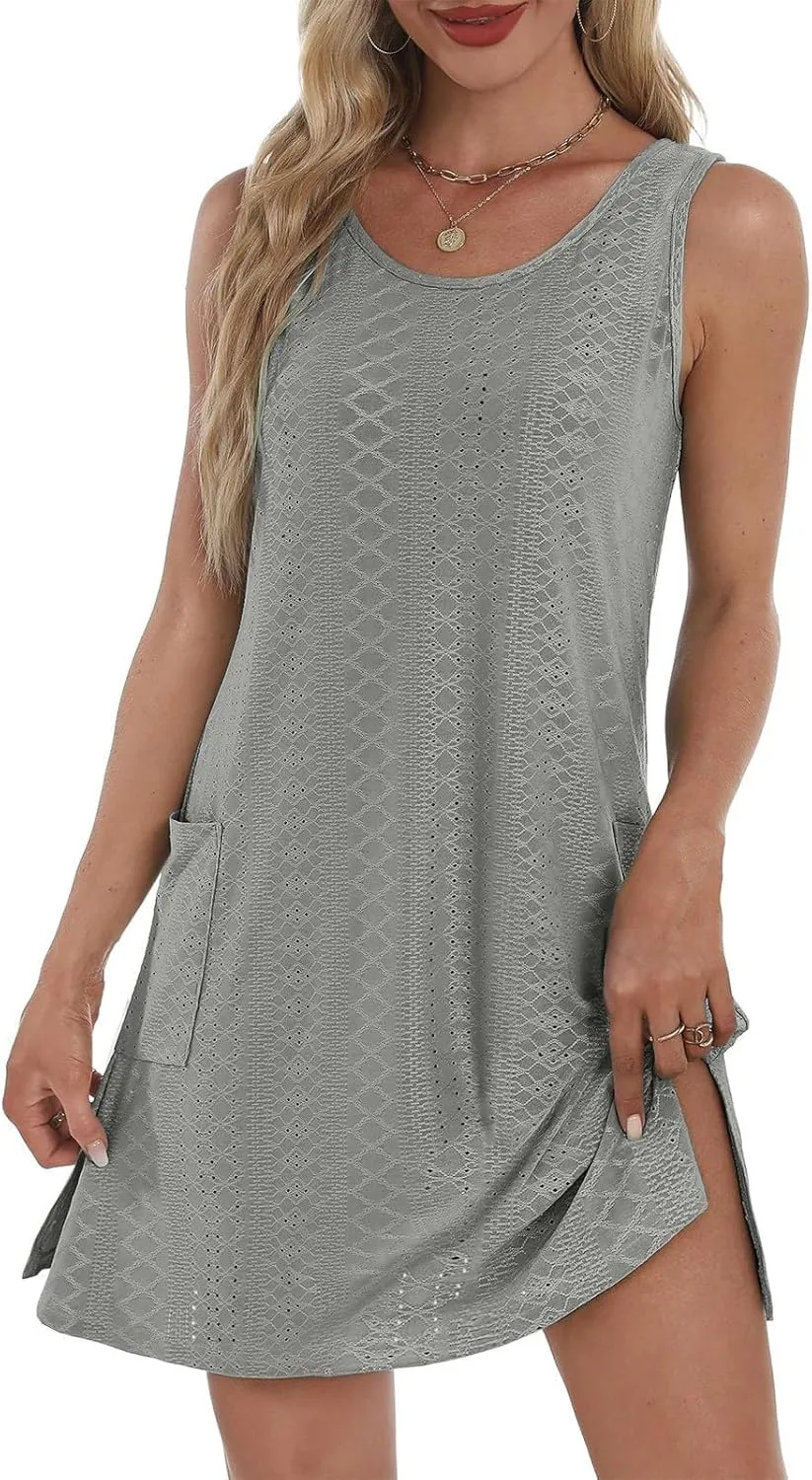 Coverup Summer Dresses for Women 2025 Eyelet Solid Color Casual Loose Sleeveless Sundresses Tank Dresses with Pocket