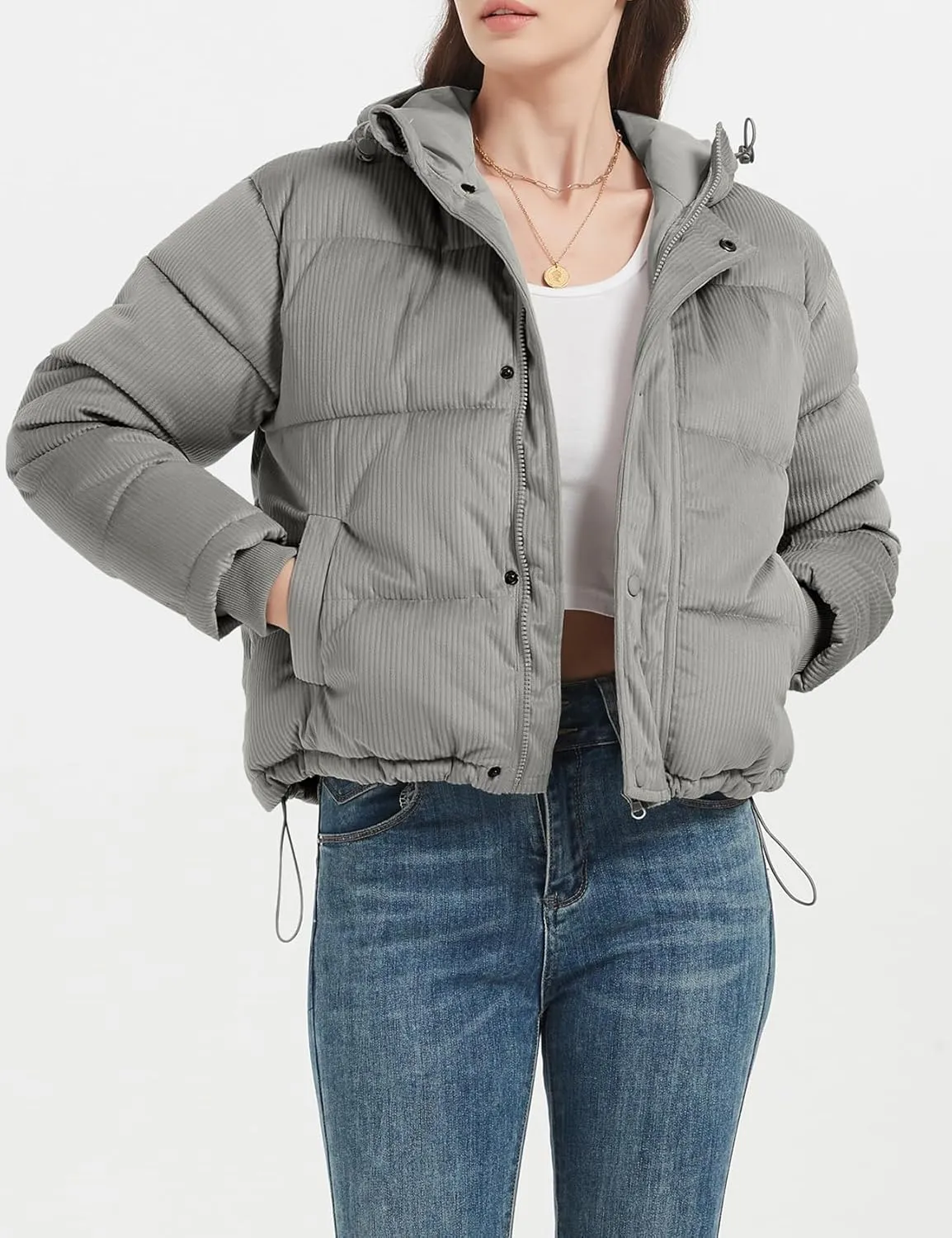 COZYPOIN Women's Winter Puffer Coats Corduroy Down Jacket Quilted Hooded Warm Padded Outerwear