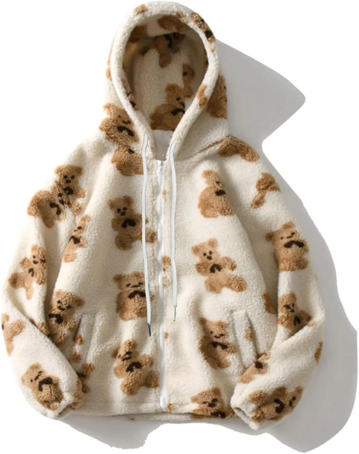 Cute Bear Graphic Plush Hoodies Fashion Women Teen Girls Fall Winter Coats Fuzzy Jackets Zip Up Hooded Outwear