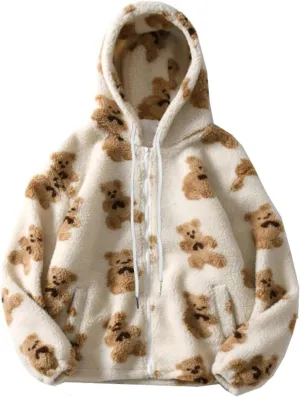 Cute Bear Graphic Plush Hoodies Fashion Women Teen Girls Fall Winter Coats Fuzzy Jackets Zip Up Hooded Outwear