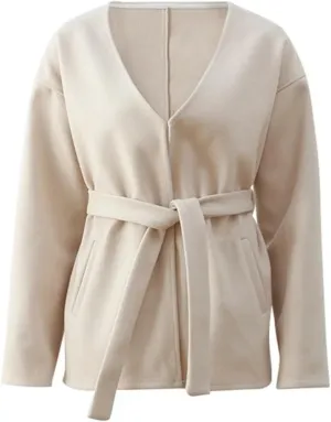 Dawery Elegant V Neck Belt Midi Coat Women Thicken Wool Blends Warm Long Sleeve Outerwear Autumn Winter Street Pocket Jackets
