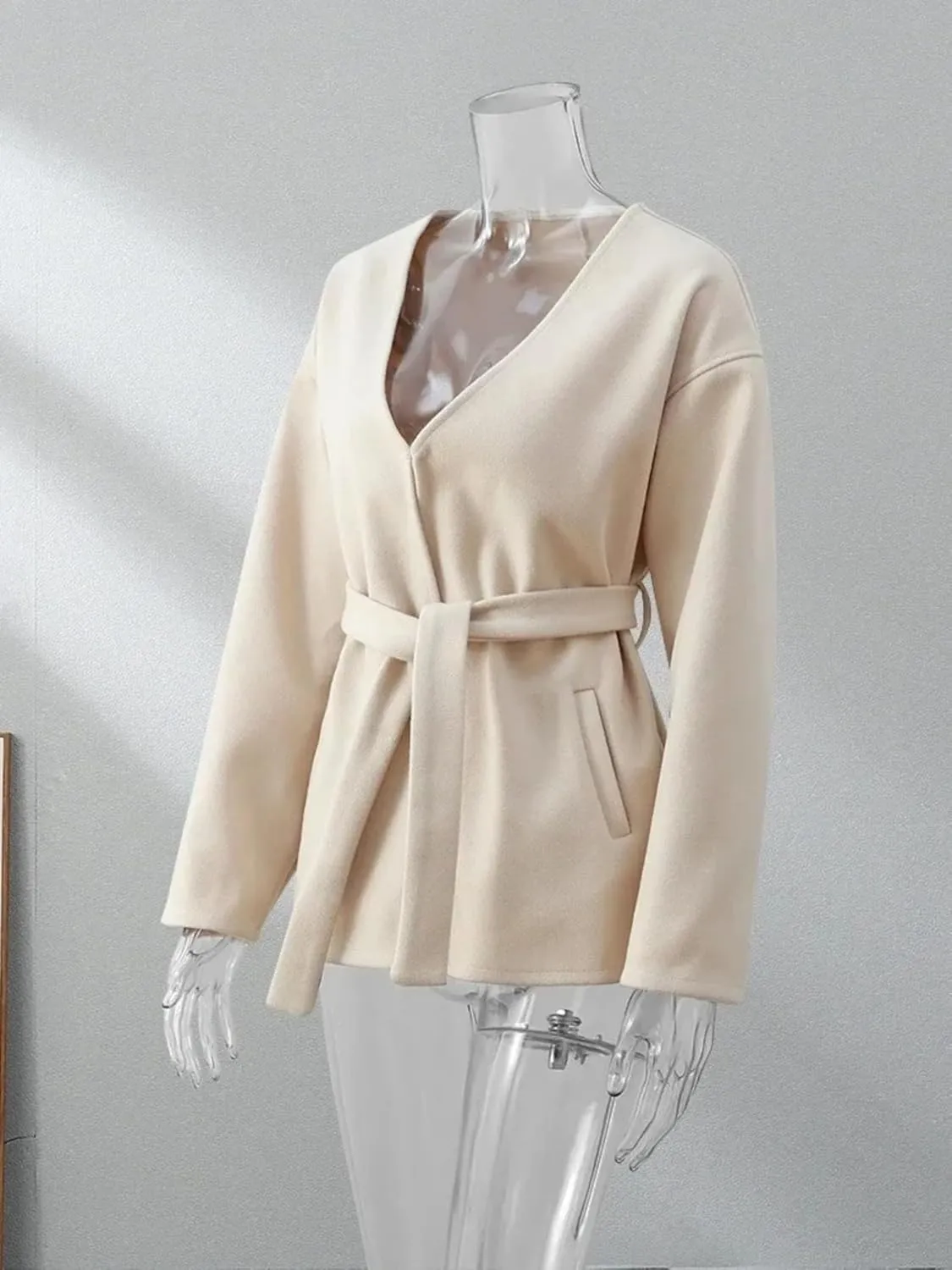 Dawery Elegant V Neck Belt Midi Coat Women Thicken Wool Blends Warm Long Sleeve Outerwear Autumn Winter Street Pocket Jackets