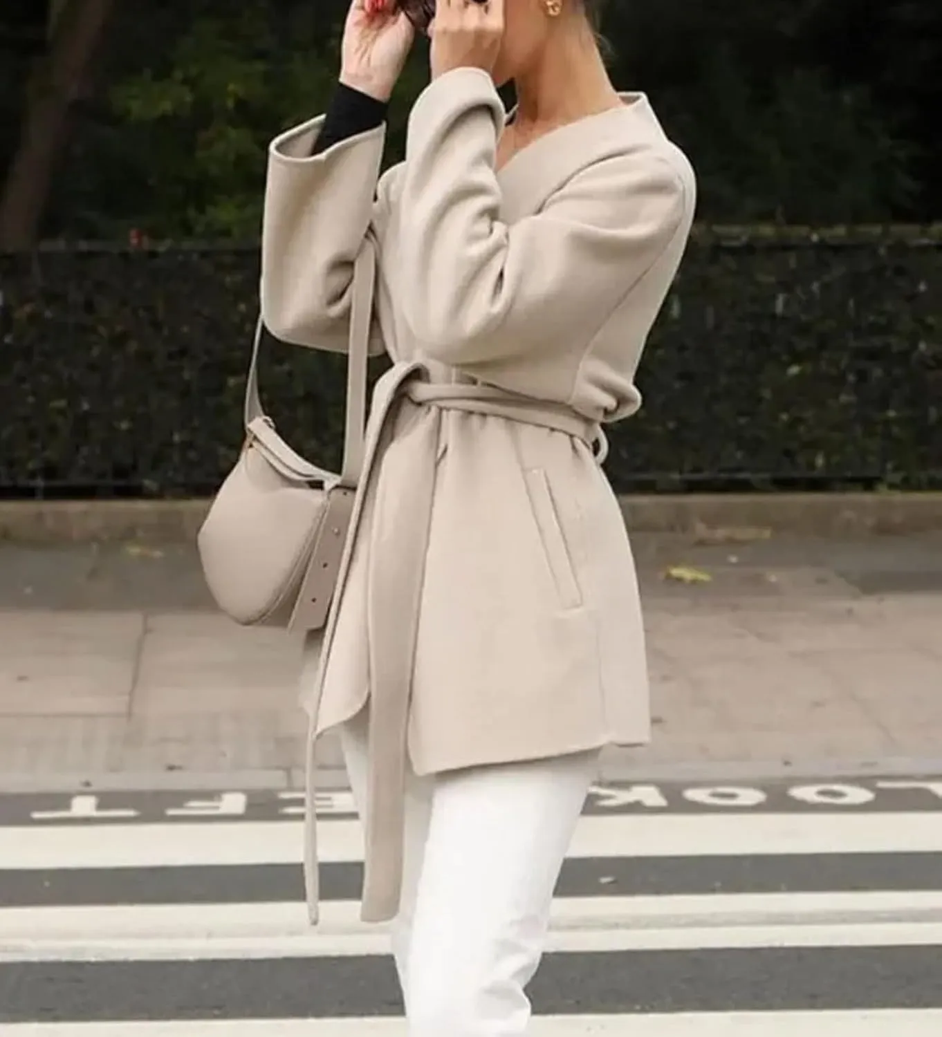 Dawery Elegant V Neck Belt Midi Coat Women Thicken Wool Blends Warm Long Sleeve Outerwear Autumn Winter Street Pocket Jackets