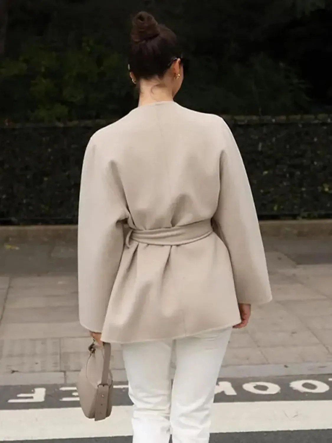 Dawery Elegant V Neck Belt Midi Coat Women Thicken Wool Blends Warm Long Sleeve Outerwear Autumn Winter Street Pocket Jackets