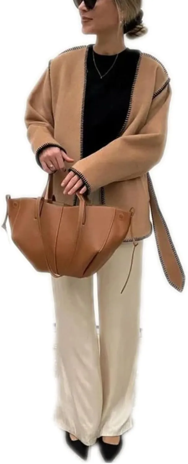 Dawery Wool Blends Trench Spliced Women Jacket Belt Casual Loose Long Sleeves Outwear Autumn Lady High Streetwear
