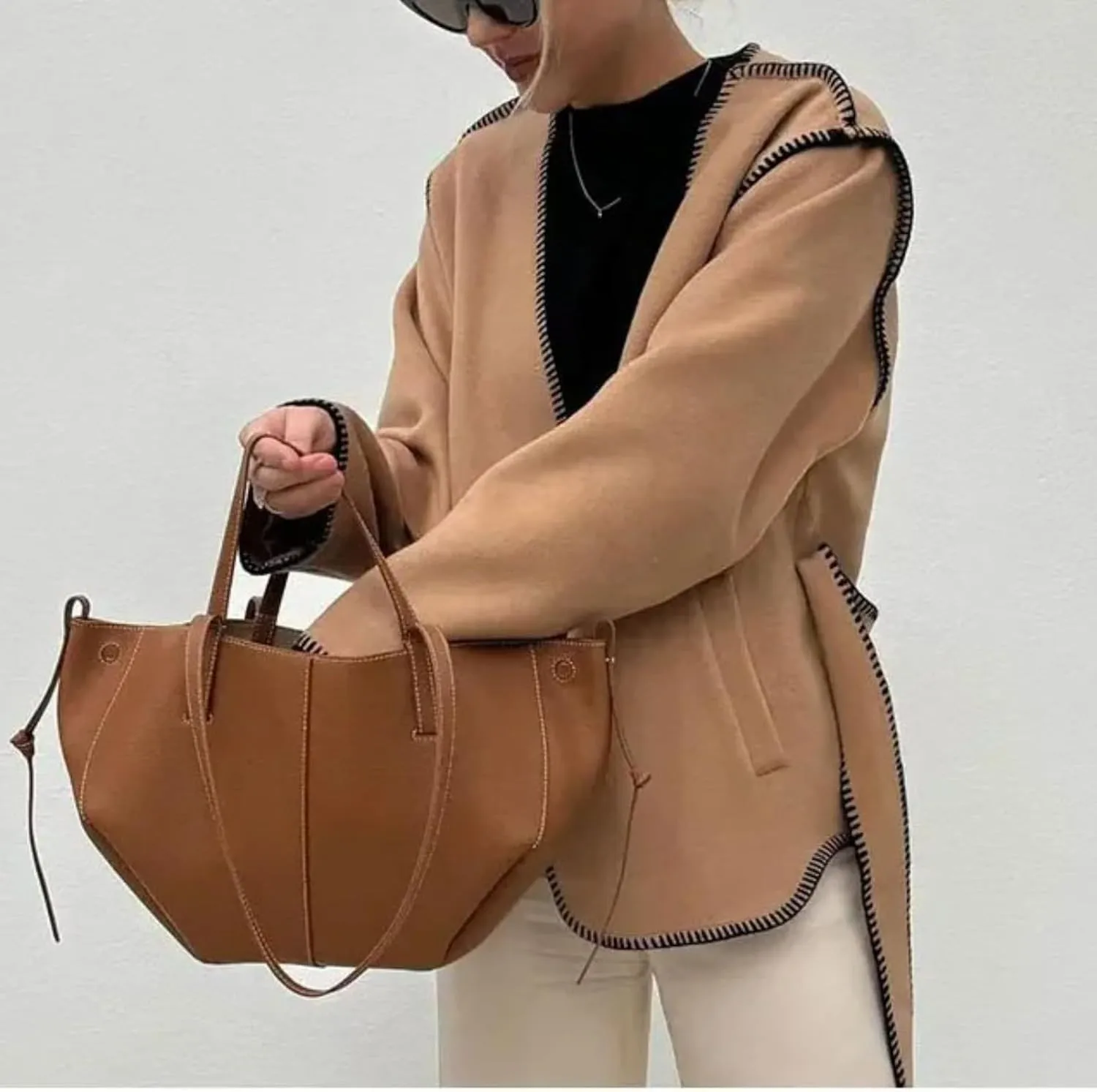 Dawery Wool Blends Trench Spliced Women Jacket Belt Casual Loose Long Sleeves Outwear Autumn Lady High Streetwear