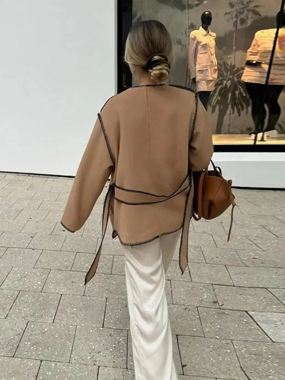 Dawery Wool Blends Trench Spliced Women Jacket Belt Casual Loose Long Sleeves Outwear Autumn Lady High Streetwear