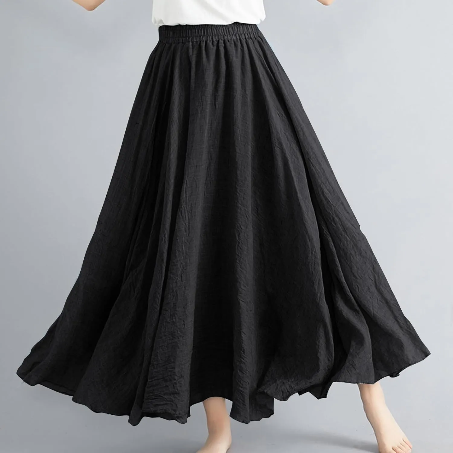 DDAPJ pyju Linen Skirts for Women Summer Bohemian Style Elastic Waist Long Maxi Skirt Loose Flowy Beach Skirt One-Size