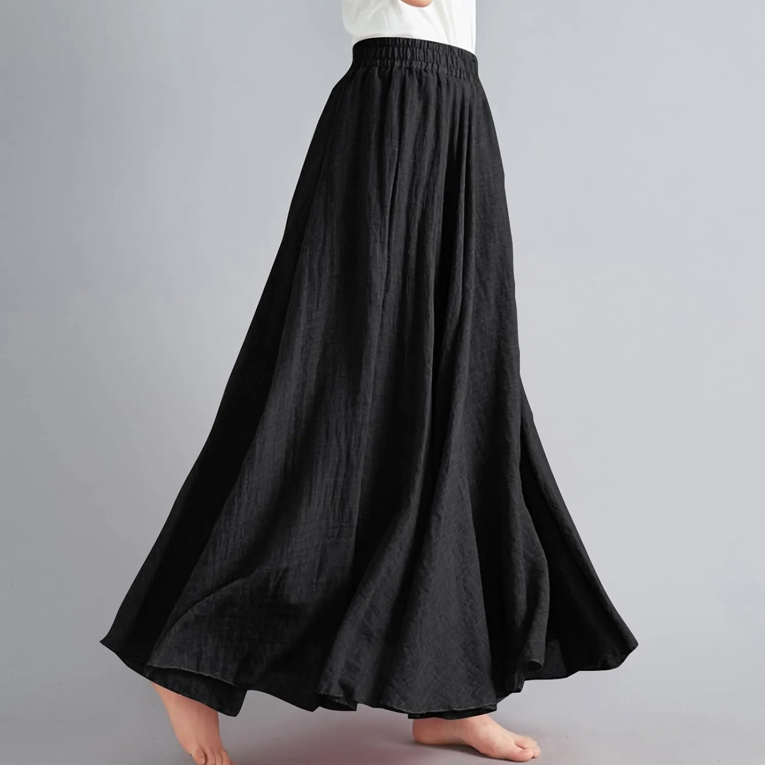 DDAPJ pyju Linen Skirts for Women Summer Bohemian Style Elastic Waist Long Maxi Skirt Loose Flowy Beach Skirt One-Size