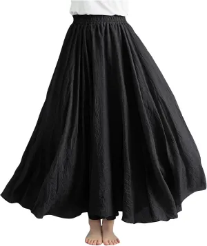 DDAPJ pyju Linen Skirts for Women Summer Bohemian Style Elastic Waist Long Maxi Skirt Loose Flowy Beach Skirt One-Size