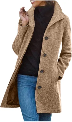 DDAPJ pyju Pea Coat for Women Winter Casual Thicken Wool Blend Lapel Jackets Elegant Single Breasted Overcoat with Pockets