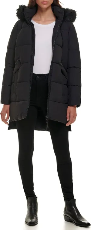 DKNY Women's Faux Fur Hood Long Down Puffer Coat