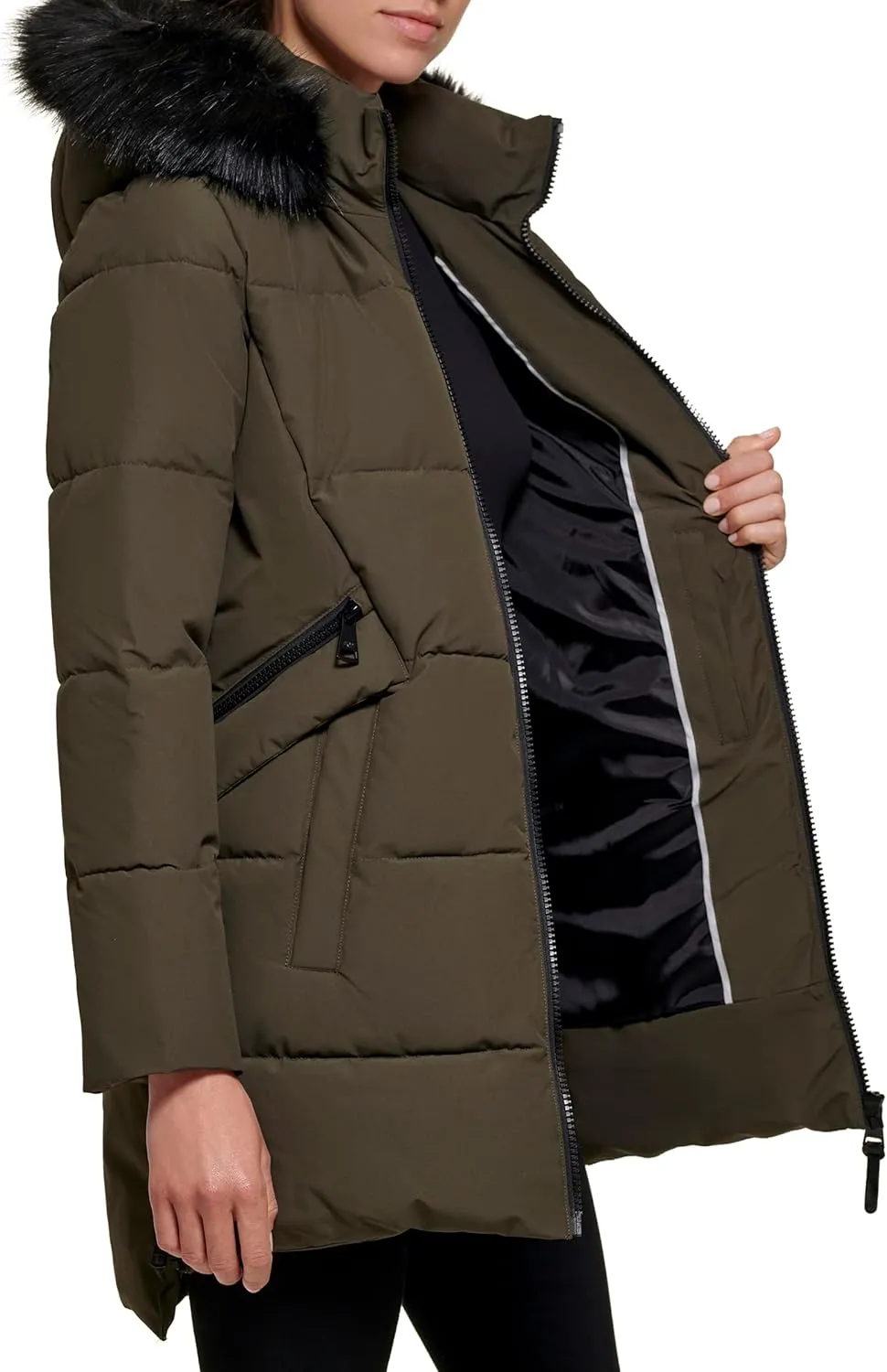 DKNY Women's Faux Fur Hood Long Down Puffer Coat