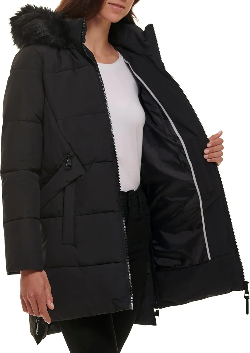 DKNY Women's Faux Fur Hood Long Down Puffer Coat