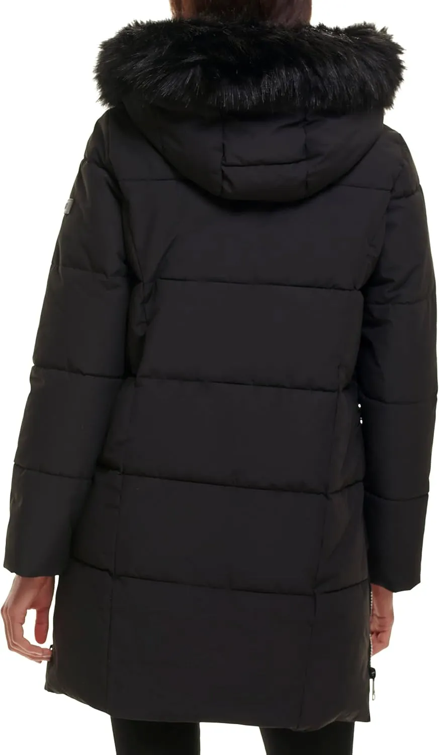 DKNY Women's Faux Fur Hood Long Down Puffer Coat