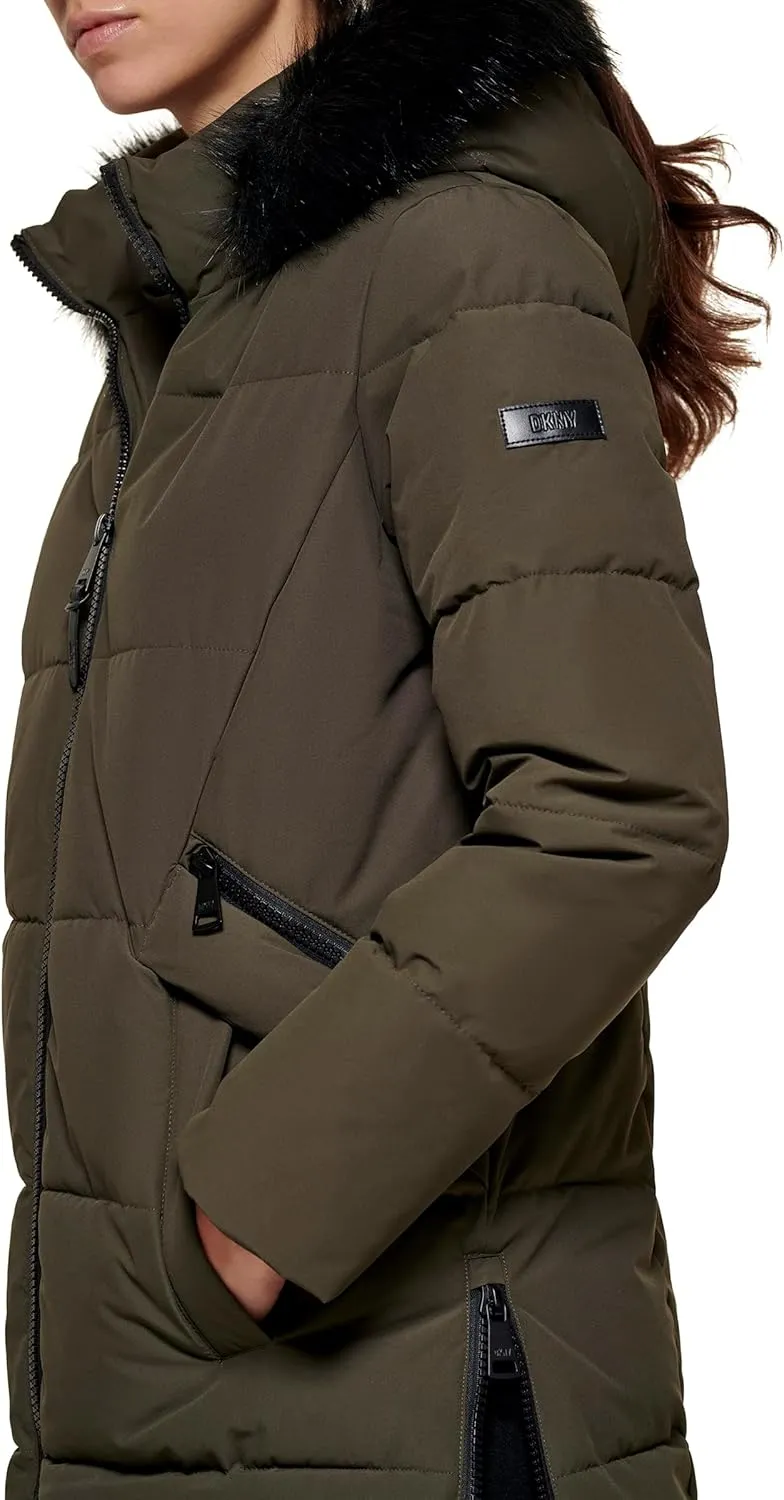 DKNY Women's Faux Fur Hood Long Down Puffer Coat