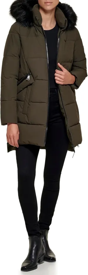 DKNY Women's Faux Fur Hood Long Down Puffer Coat