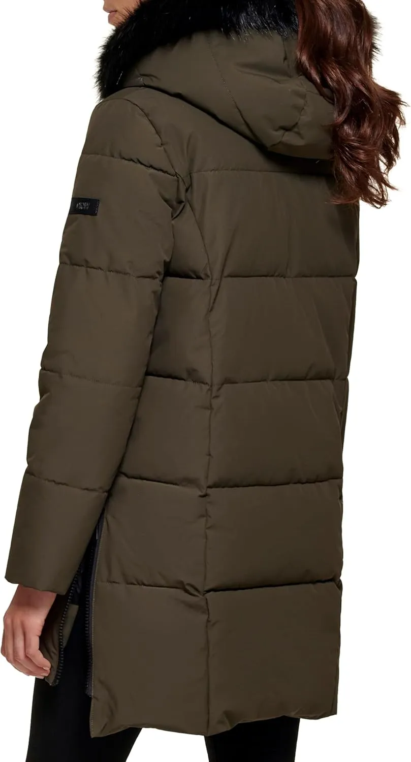 DKNY Women's Faux Fur Hood Long Down Puffer Coat