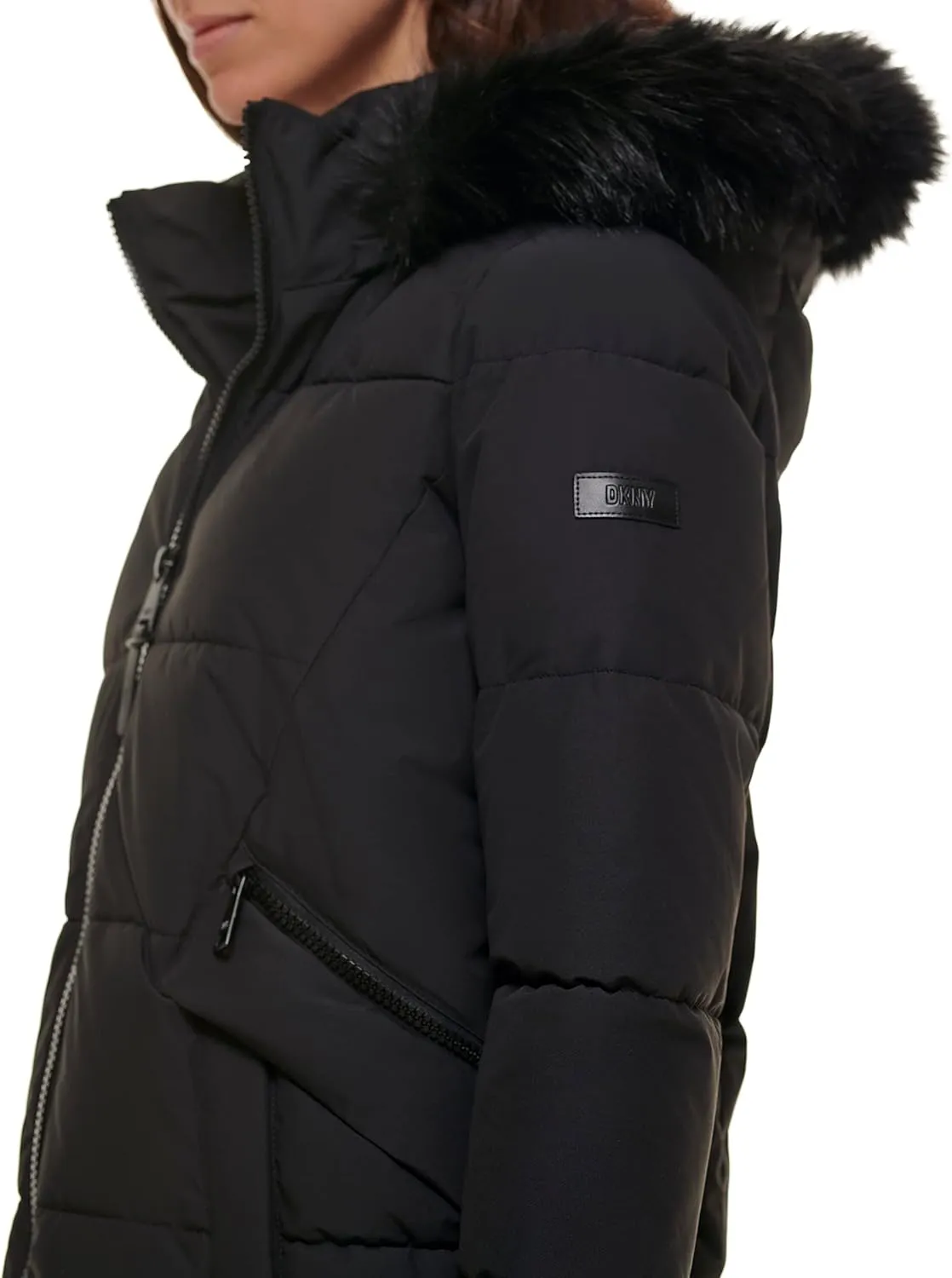 DKNY Women's Faux Fur Hood Long Down Puffer Coat