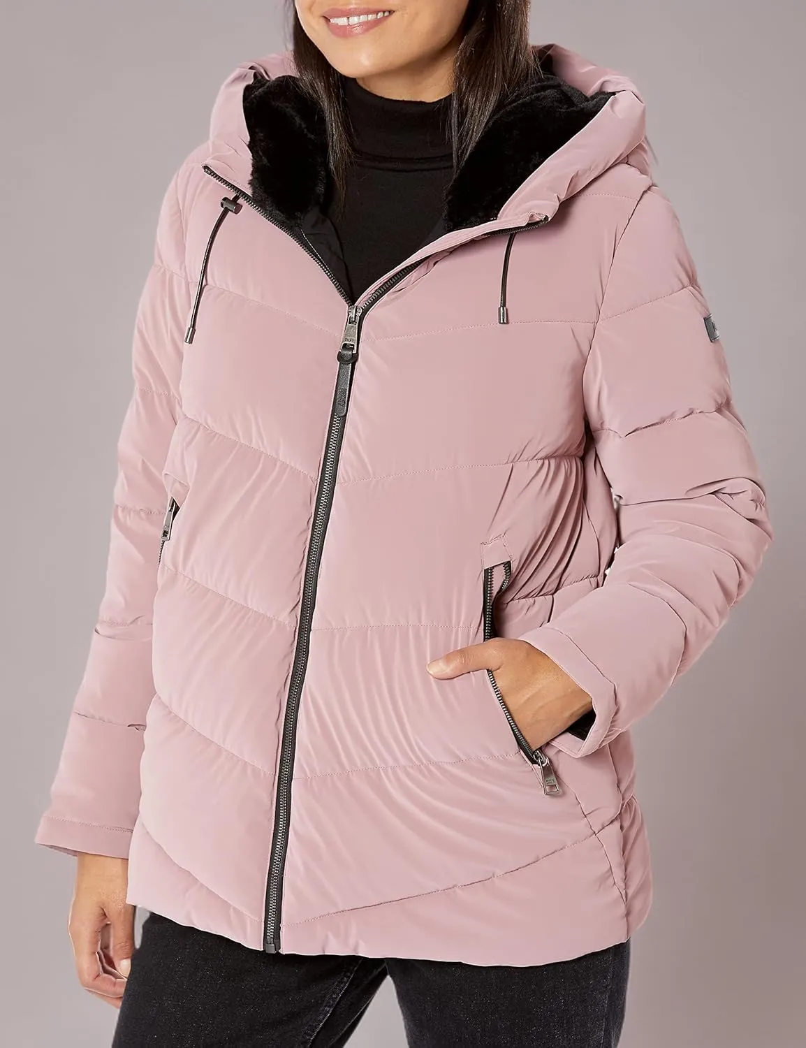 DKNY Women's Faux Fur Trim Hood Down Puffer Coat