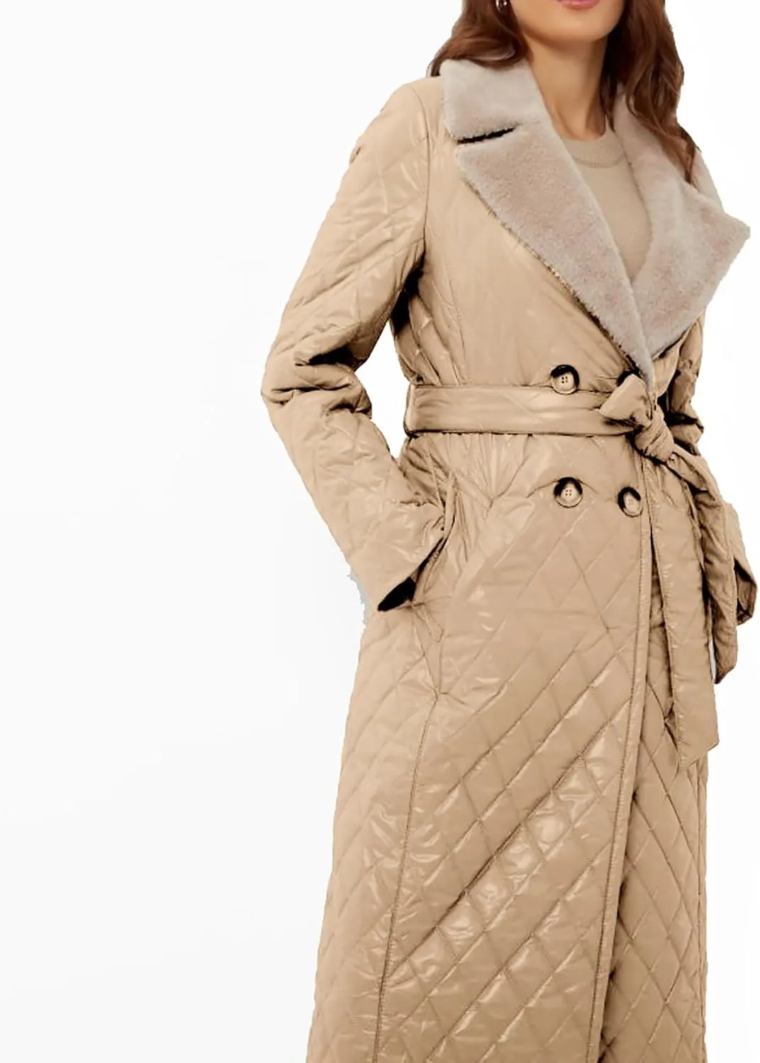 Double Breasted Long Belted Coats Women Long Sleeve Argyle Hoodies Quilted Jacket Maxi Winter Warm Down Coat Outerwear