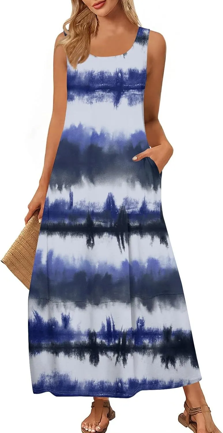 Dresses for Women 2025 Summer Crewneck Beach Maxi Dress with Pocket Casual Trendy Stripe Print Sleeveless Tank Dress