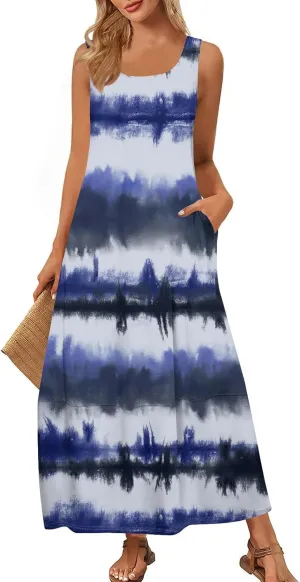 Dresses for Women 2025 Summer Crewneck Beach Maxi Dress with Pocket Casual Trendy Stripe Print Sleeveless Tank Dress