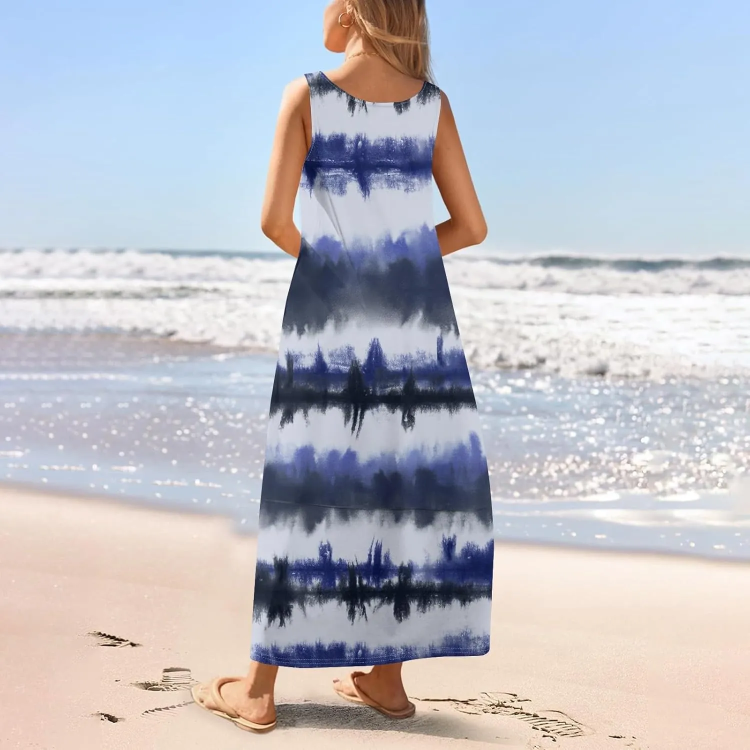 Dresses for Women 2025 Summer Crewneck Beach Maxi Dress with Pocket Casual Trendy Stripe Print Sleeveless Tank Dress