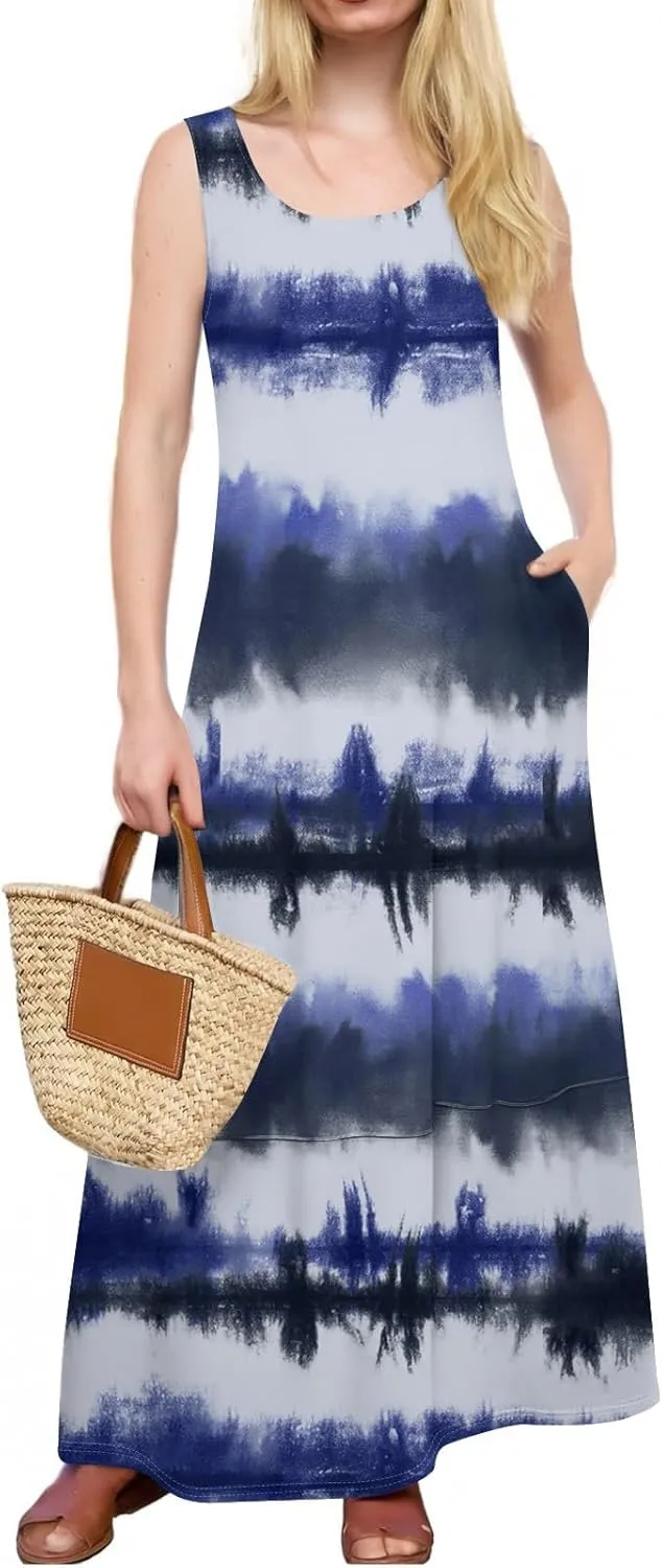Dresses for Women 2025 Summer Crewneck Beach Maxi Dress with Pocket Casual Trendy Stripe Print Sleeveless Tank Dress
