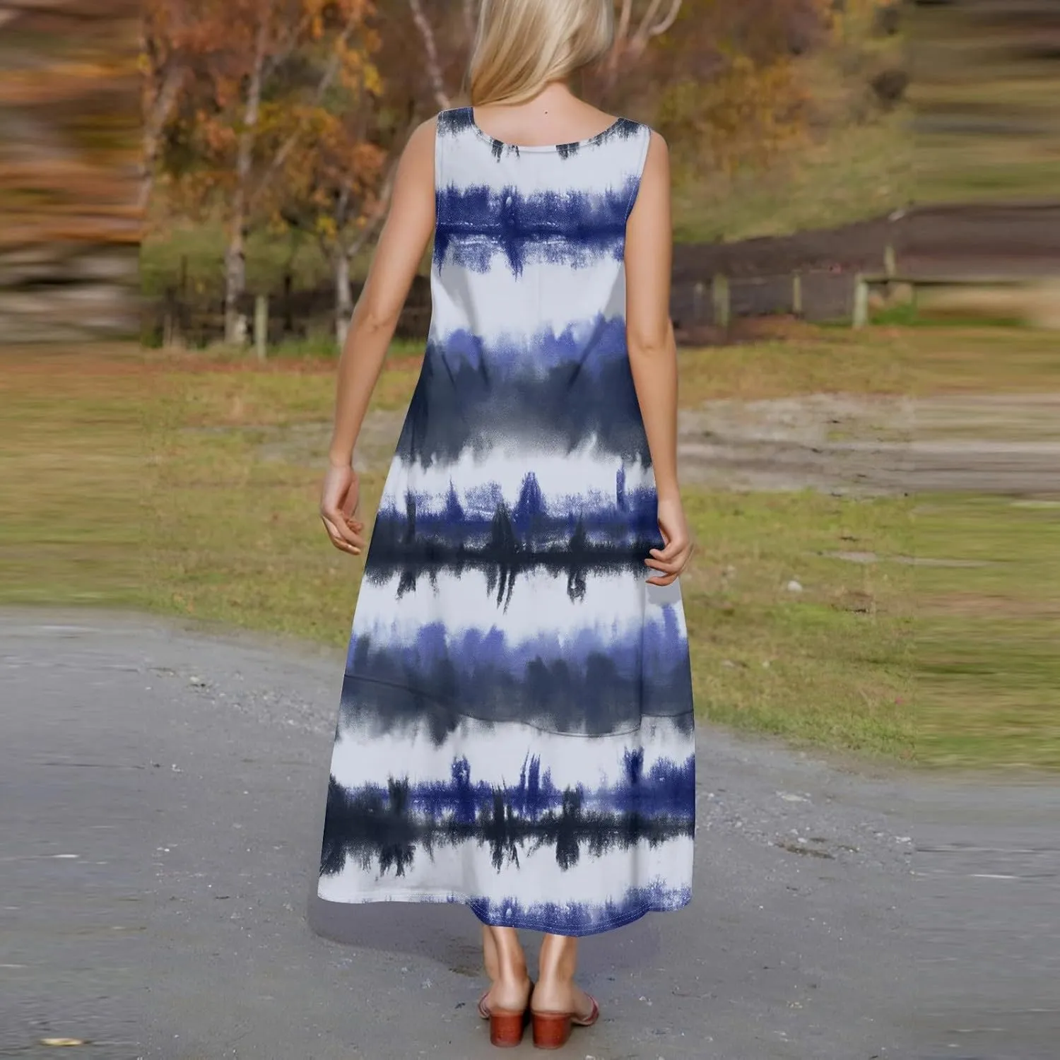 Dresses for Women 2025 Summer Crewneck Beach Maxi Dress with Pocket Casual Trendy Stripe Print Sleeveless Tank Dress