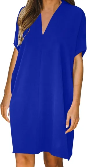 Dresses for Women Casual Loose Tunic Dress Summer V Neck Short Sleeve Shift Dresses Beach Vacation Outfits