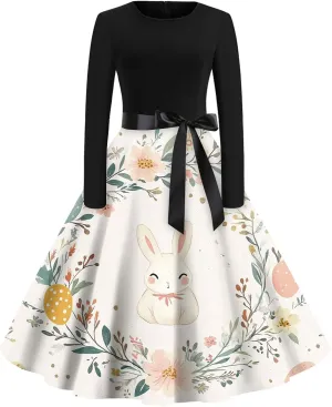 Easter Dresses for Women 2025 Plus Size Spring Summer Funny Egg/Bunny Print Long Sleeve A-Lined Midi Dress