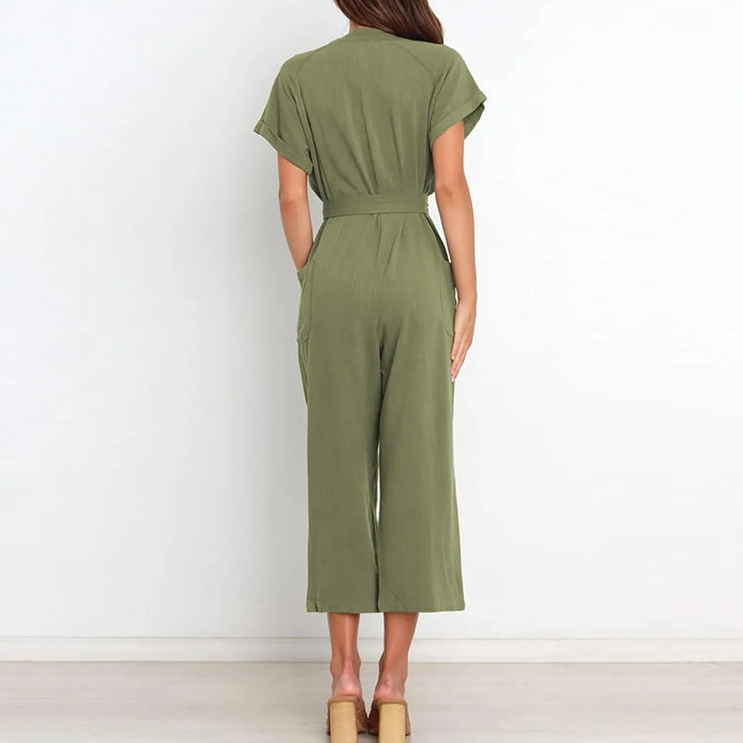 Famulily Linen Jumpsuits for Women Short Sleeve V Neck Button Down Jumpsuit Capris Wide Leg Pant Romper with Pockets and Belt