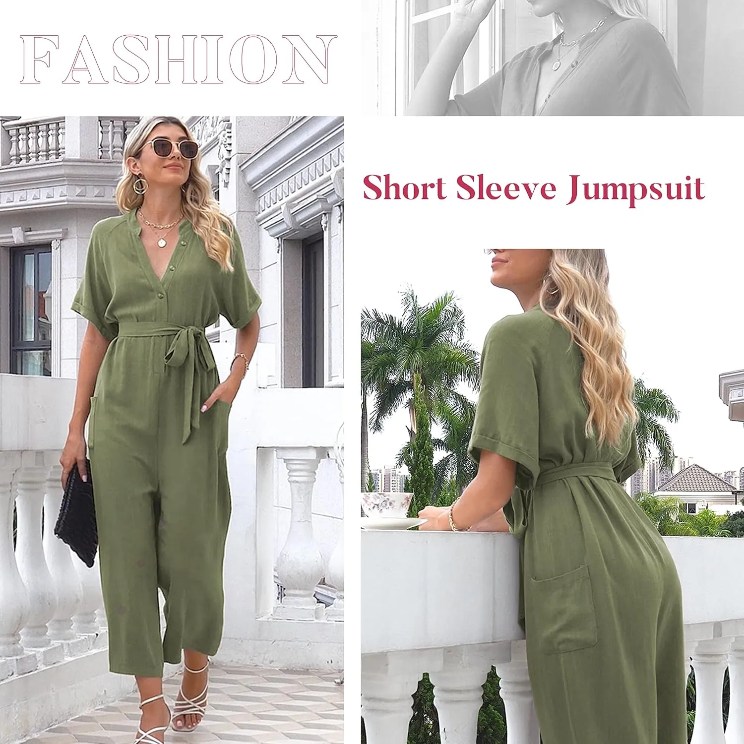 Famulily Linen Jumpsuits for Women Short Sleeve V Neck Button Down Jumpsuit Capris Wide Leg Pant Romper with Pockets and Belt
