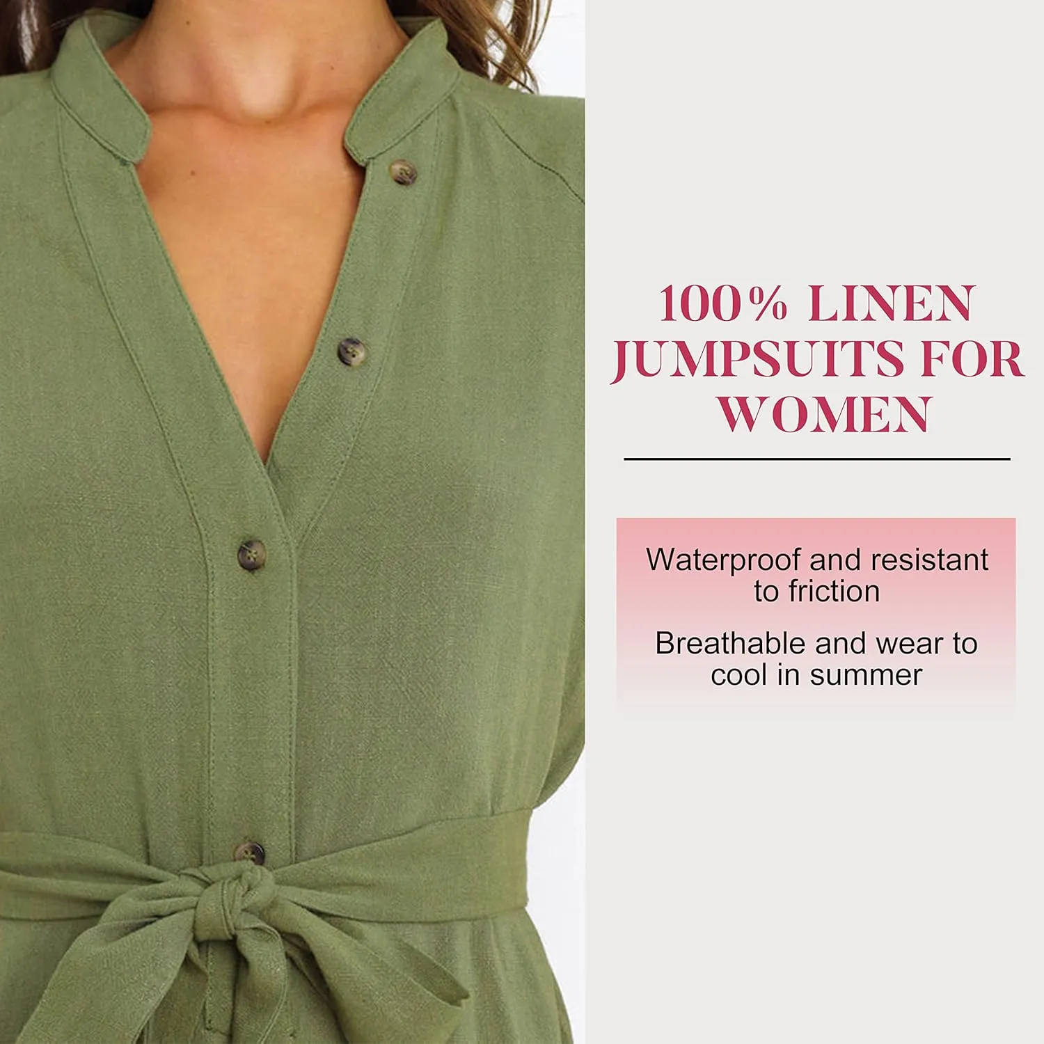 Famulily Linen Jumpsuits for Women Short Sleeve V Neck Button Down Jumpsuit Capris Wide Leg Pant Romper with Pockets and Belt