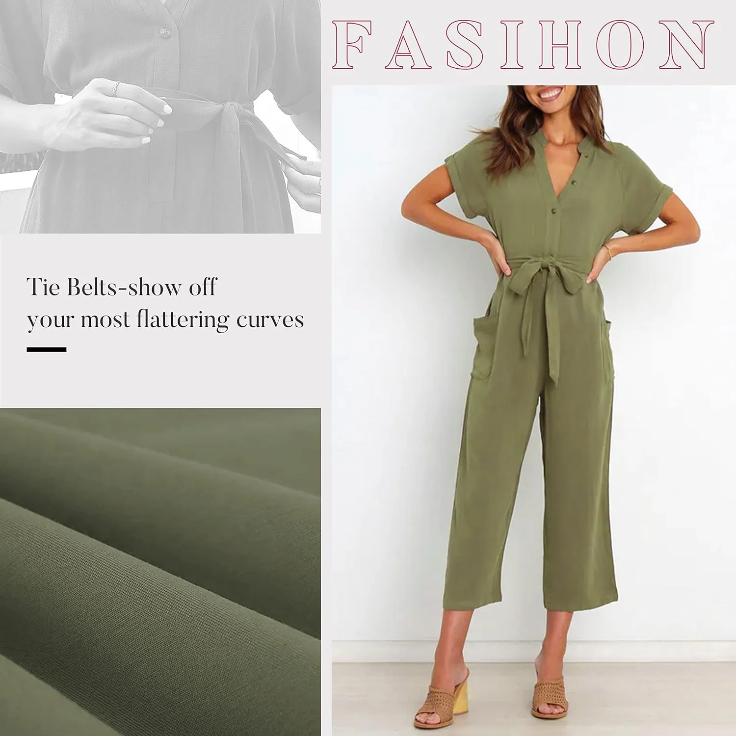 Famulily Linen Jumpsuits for Women Short Sleeve V Neck Button Down Jumpsuit Capris Wide Leg Pant Romper with Pockets and Belt