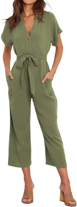 Famulily Linen Jumpsuits for Women Short Sleeve V Neck Button Down Jumpsuit Capris Wide Leg Pant Romper with Pockets and Belt
