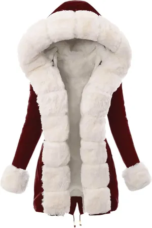 Fashion Furry Winter Coats for Women 2024 Faux Fur Neck Hooded Jacket Down Warm Coat Windbreaker Overcoat