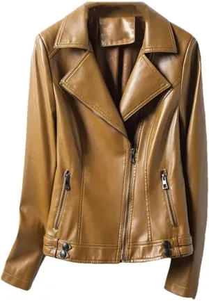 Fashion Jackets Women Lapel Collar Full Sleeve Leather Coats Casual Zipper Short Moto Biker Jackets