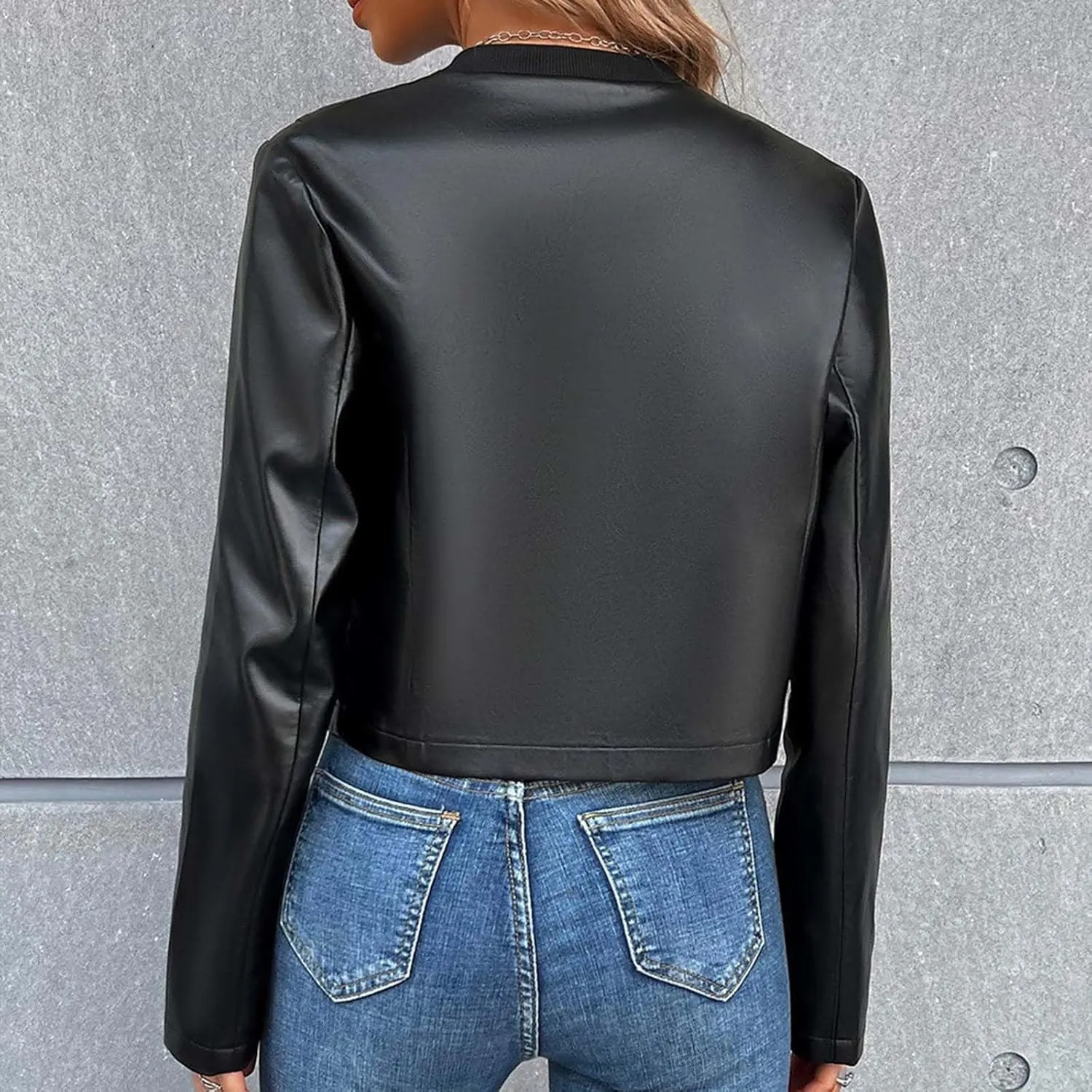 Faux Leather Jacket Women Zipper Slim Fit Cropped Coats Windproof Casual Motorcycle Tops Fall Long Sleeve Outwear