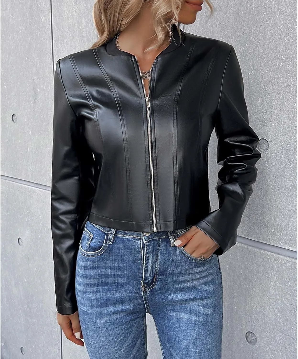 Faux Leather Jacket Women Zipper Slim Fit Cropped Coats Windproof Casual Motorcycle Tops Fall Long Sleeve Outwear