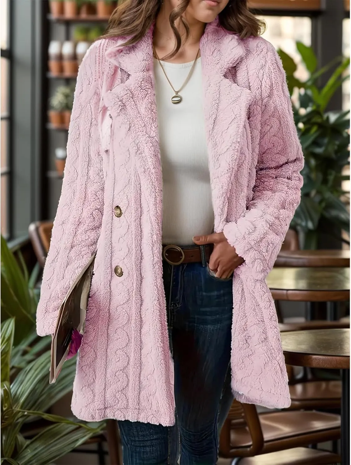 Fleece Jackets for Women Double Breasted Lapel Winter Coat Chunky Cable Knit Sweater Solid Wool Blend Outerwear