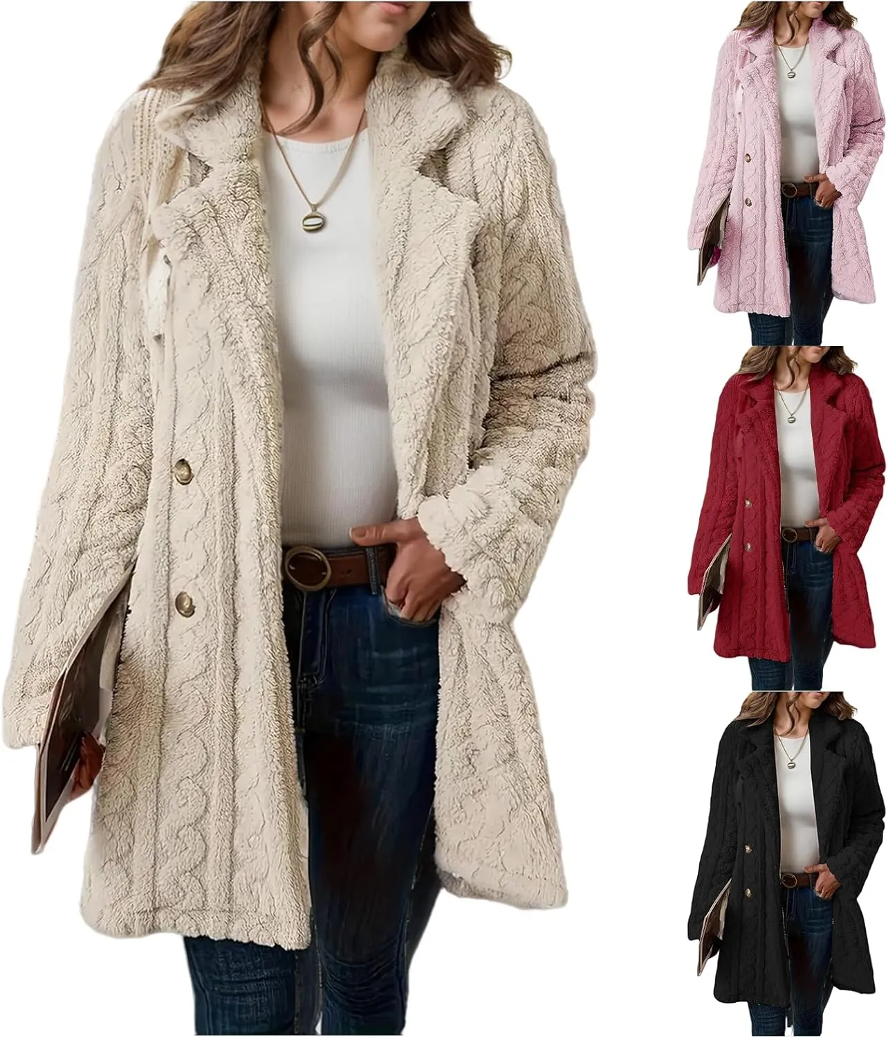 Fleece Jackets for Women Double Breasted Lapel Winter Coat Chunky Cable Knit Sweater Solid Wool Blend Outerwear