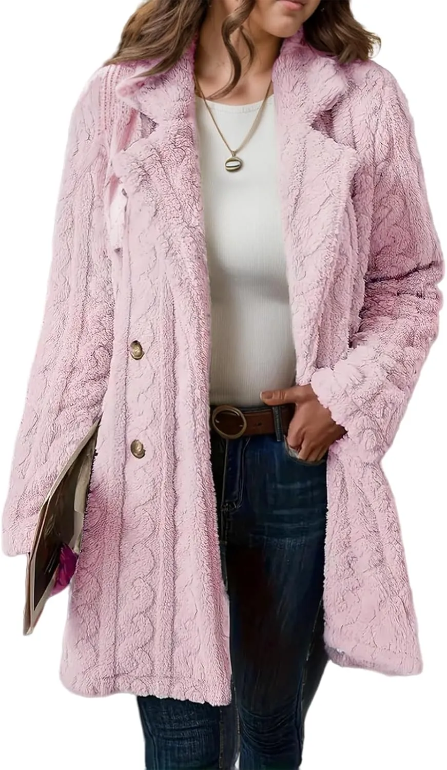 Fleece Jackets for Women Double Breasted Lapel Winter Coat Chunky Cable Knit Sweater Solid Wool Blend Outerwear