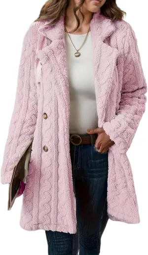 Fleece Jackets for Women Double Breasted Lapel Winter Coat Chunky Cable Knit Sweater Solid Wool Blend Outerwear