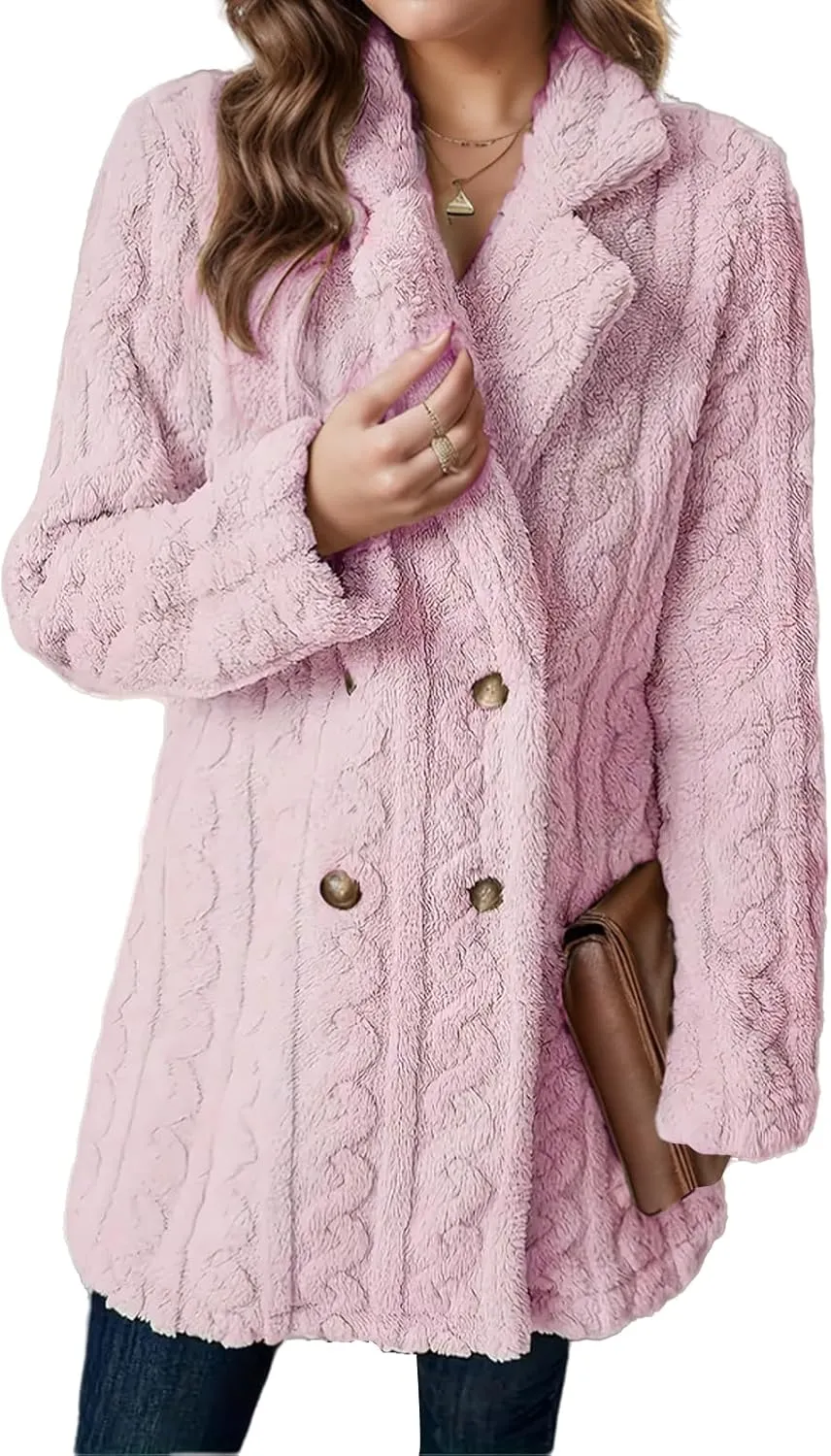 Fleece Jackets for Women Double Breasted Lapel Winter Coat Chunky Cable Knit Sweater Solid Wool Blend Outerwear