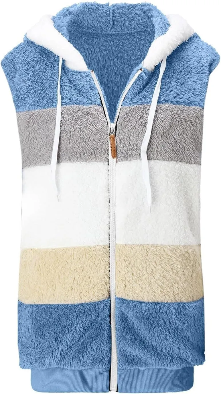 Fleece Vests For Women with Zipper Casual Sleeveless Hoodies Sherpa Vests Winter Color Block Jackets