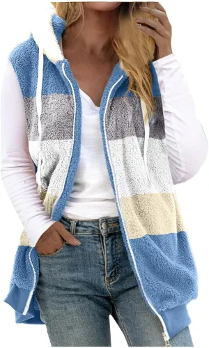 Fleece Vests For Women with Zipper Casual Sleeveless Hoodies Sherpa Vests Winter Color Block Jackets